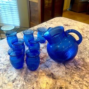 Hazel Atlas Depression Era cobalt blue ribbed juice pitcher w/ 7 tumblers
